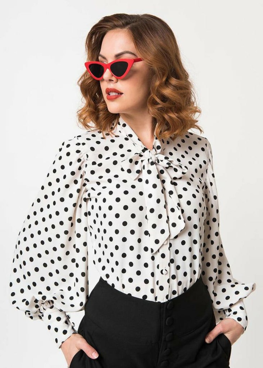 Clothing * | Unique Vintage Gwen Polka Dot 40'S Blouse White Black