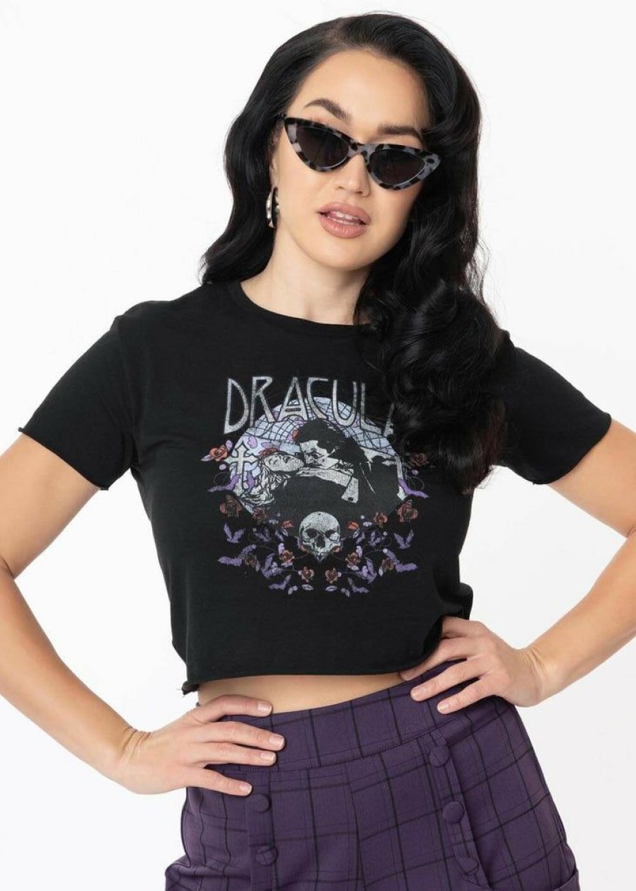 Clothing * | Unique Vintage X Universal Monsters Dracula Crop T-Shirt Black