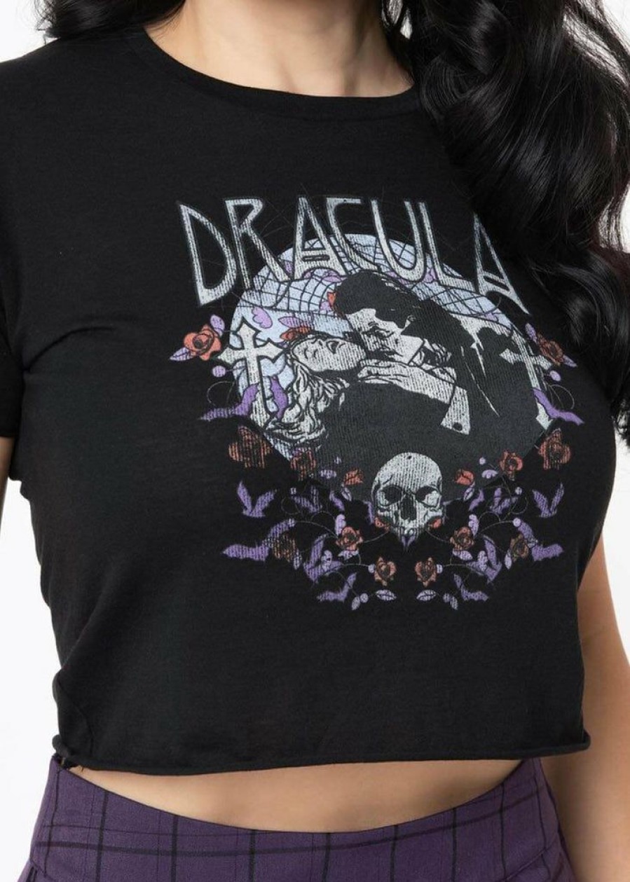 Clothing * | Unique Vintage X Universal Monsters Dracula Crop T-Shirt Black