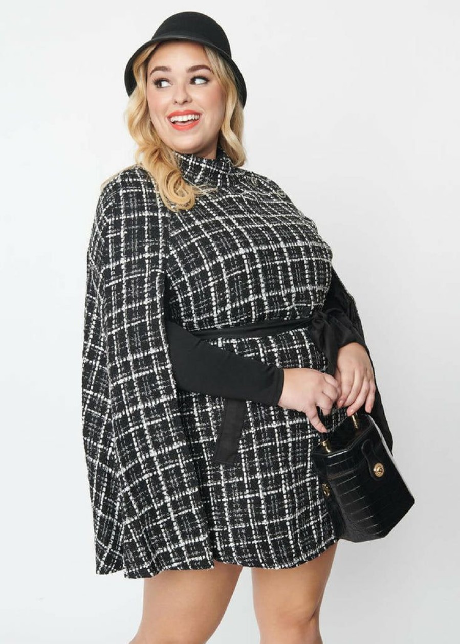 Clothing * | Unique Vintage Smak Parlour Savile Row Plaid 60'S Cape Coat Black White