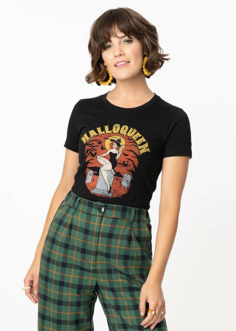 Clothing * | Unique Vintage Halloween Halloqueen Girly T-Shirt Black