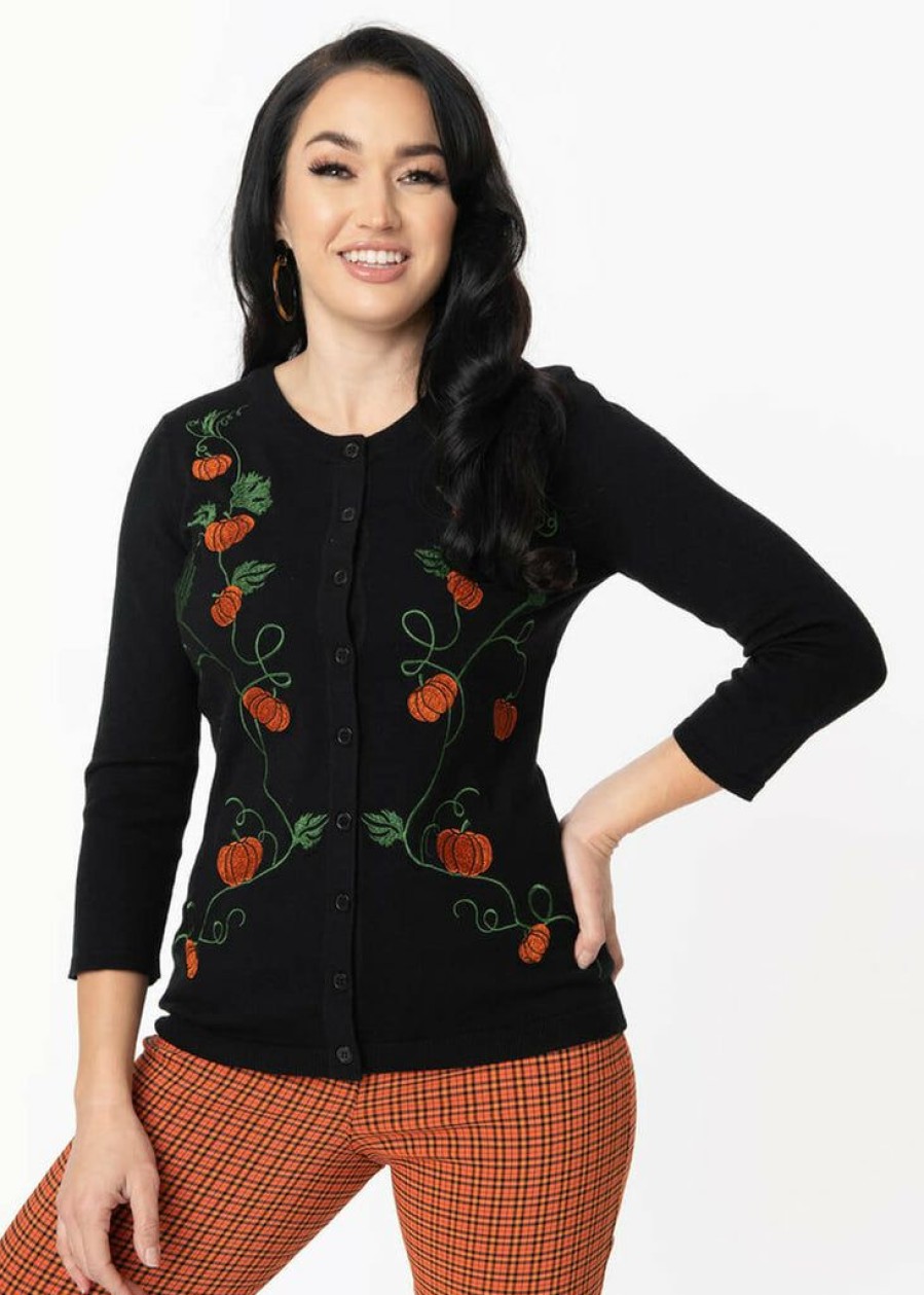 Clothing * | Unique Vintage Bookworm Pumpkin 50'S Cardigan Black