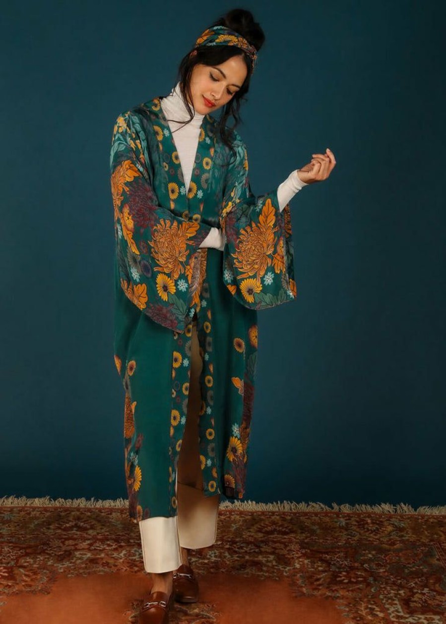 Clothing * | Powder Trailing Wisteria Long Kimono Teal