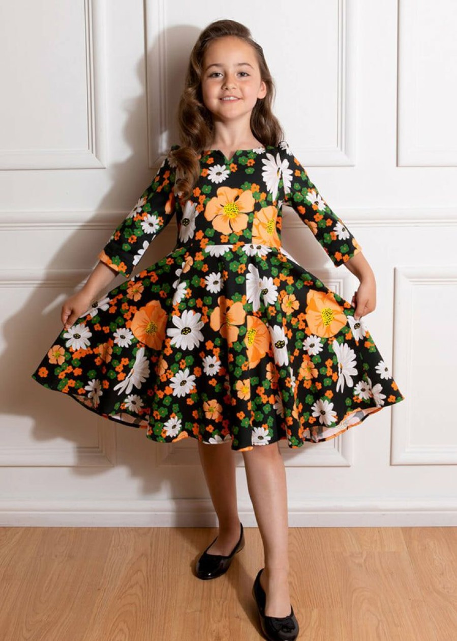 Kids-Clothing * | Hearts & Roses Kids Tessa Floral 50'S Swing Dress Black