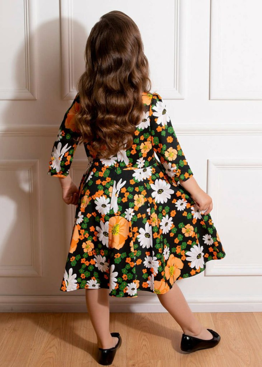 Kids-Clothing * | Hearts & Roses Kids Tessa Floral 50'S Swing Dress Black