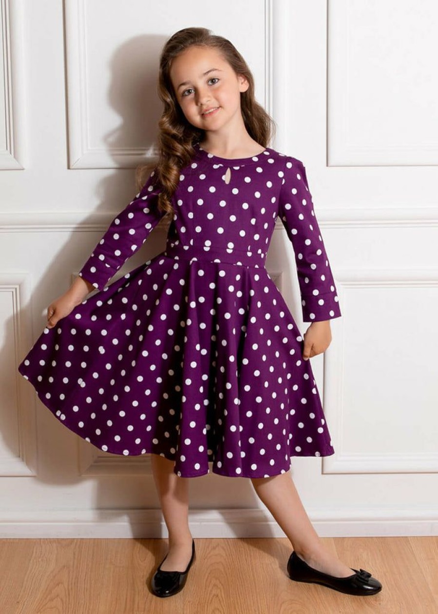 Kids-Clothing * | Hearts & Roses Kids Madalyn Polkadot 50'S Swing Dress Purple