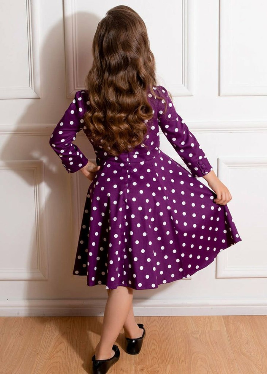 Kids-Clothing * | Hearts & Roses Kids Madalyn Polkadot 50'S Swing Dress Purple