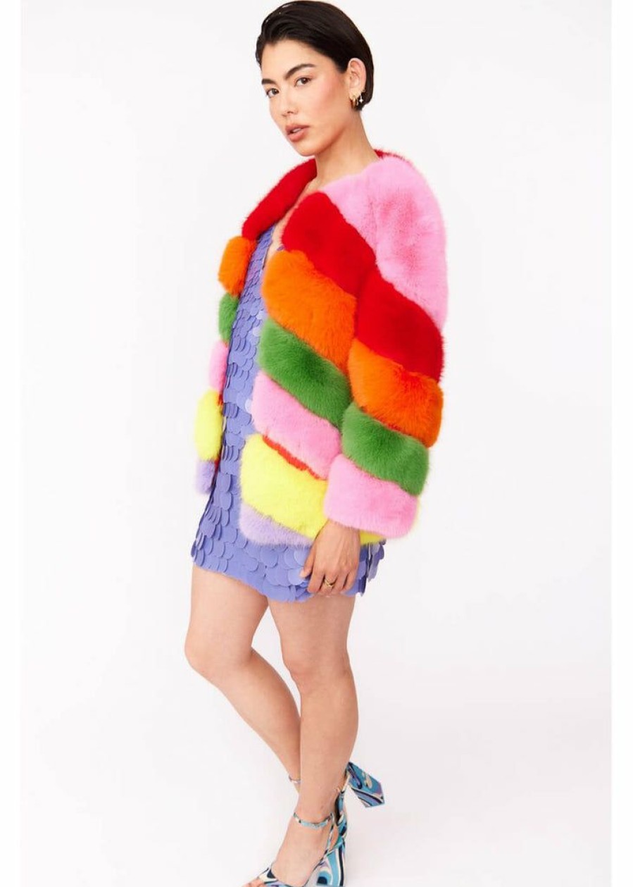 Clothing * | Succubus Rainbow Happy Place Faux-Fur Coat Multi