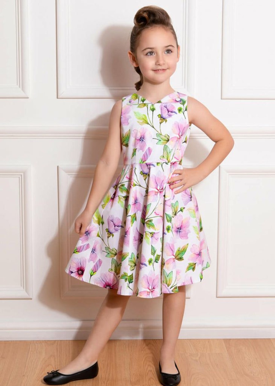 Kids-Clothing * | Hearts & Roses Kids Naomi Floral 50'S Swing Jurk Dress White