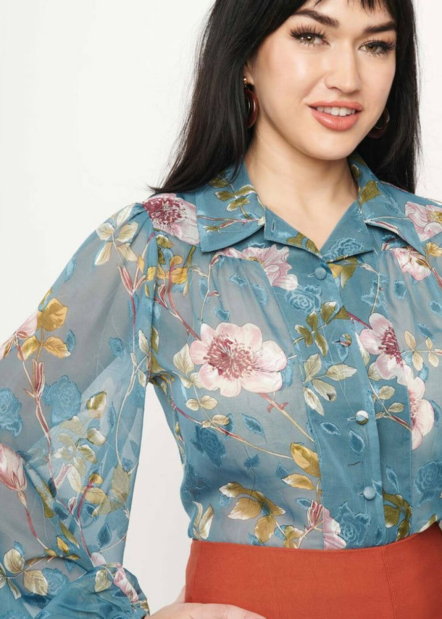 Clothing * | Unique Vintage Francesca 40'S Floral Blouse Teal