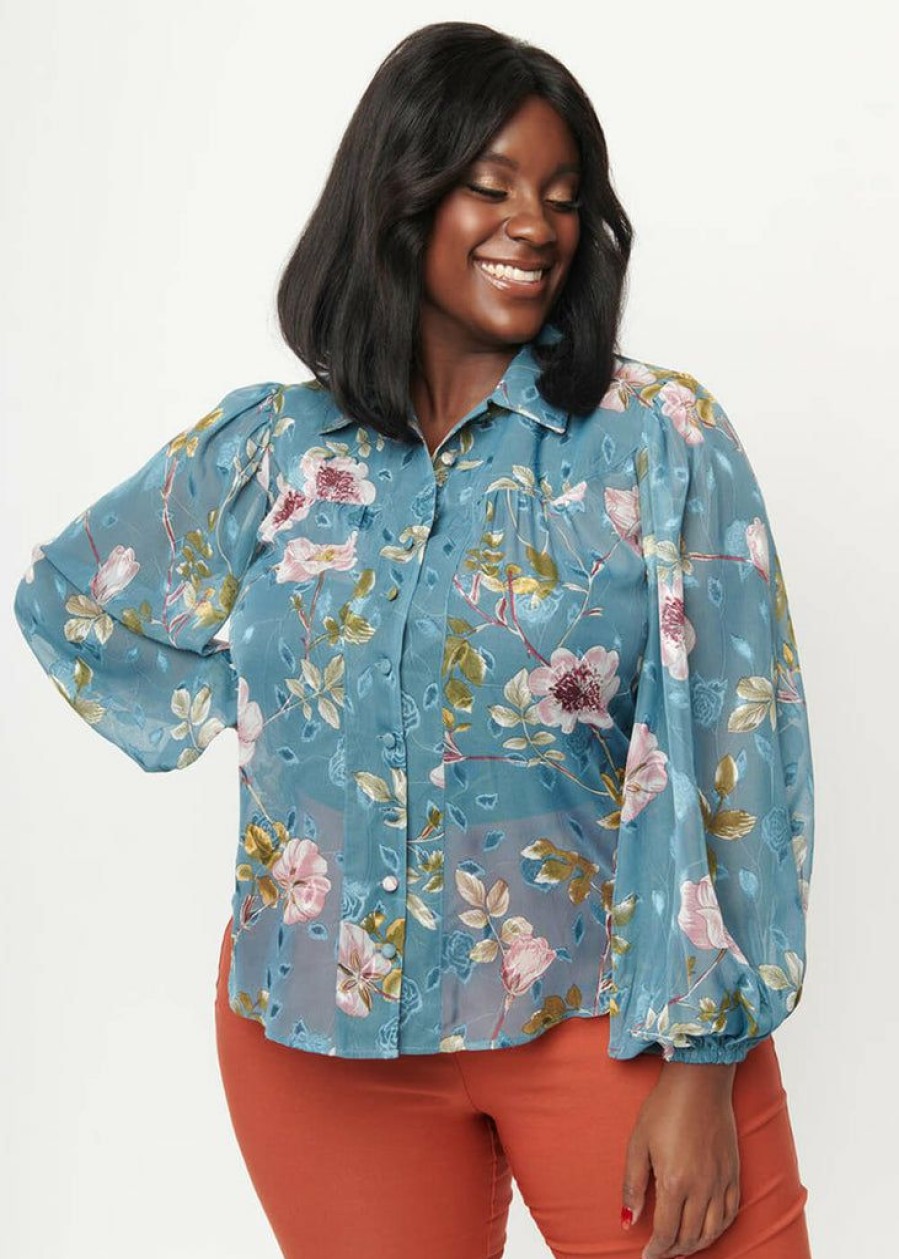 Clothing * | Unique Vintage Francesca 40'S Floral Blouse Teal