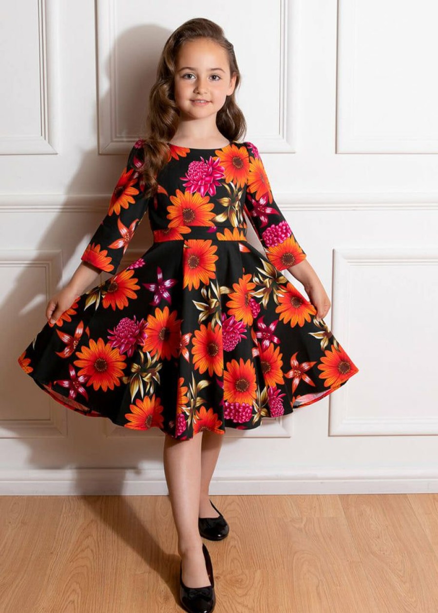 Kids-Clothing * | Hearts & Roses Kids Eden Madison Floral 50'S Swing Dress Black