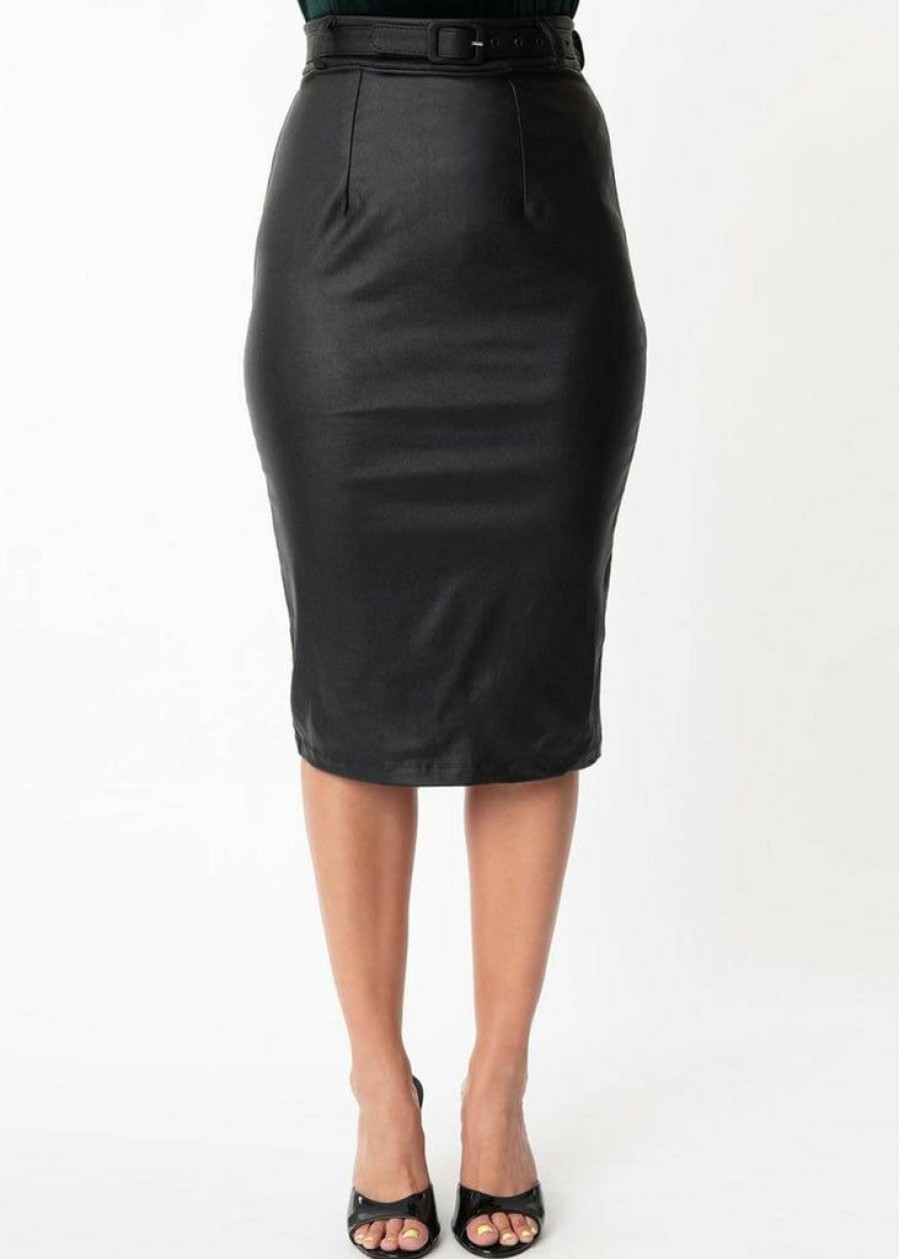 Clothing * | Unique Vintage Marcia Vegan Leather 50'S Pencil Skirt Black