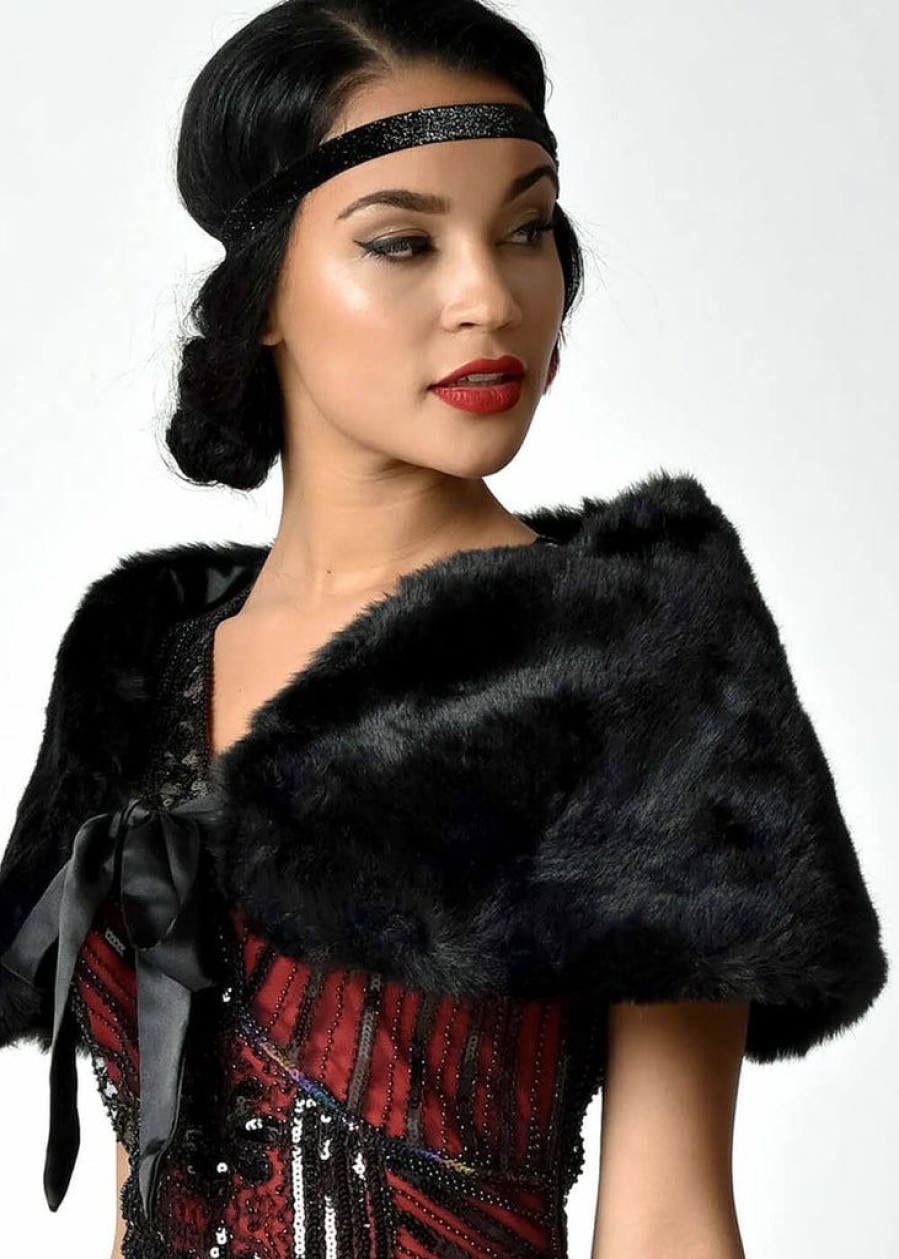 Clothing * | Unique Vintage Faux Fur Shrug Black