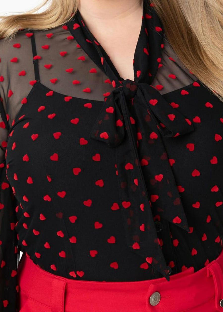 Clothing * | Unique Vintage Lena Hearts Swiss Dot 40'S Blouse Black Red