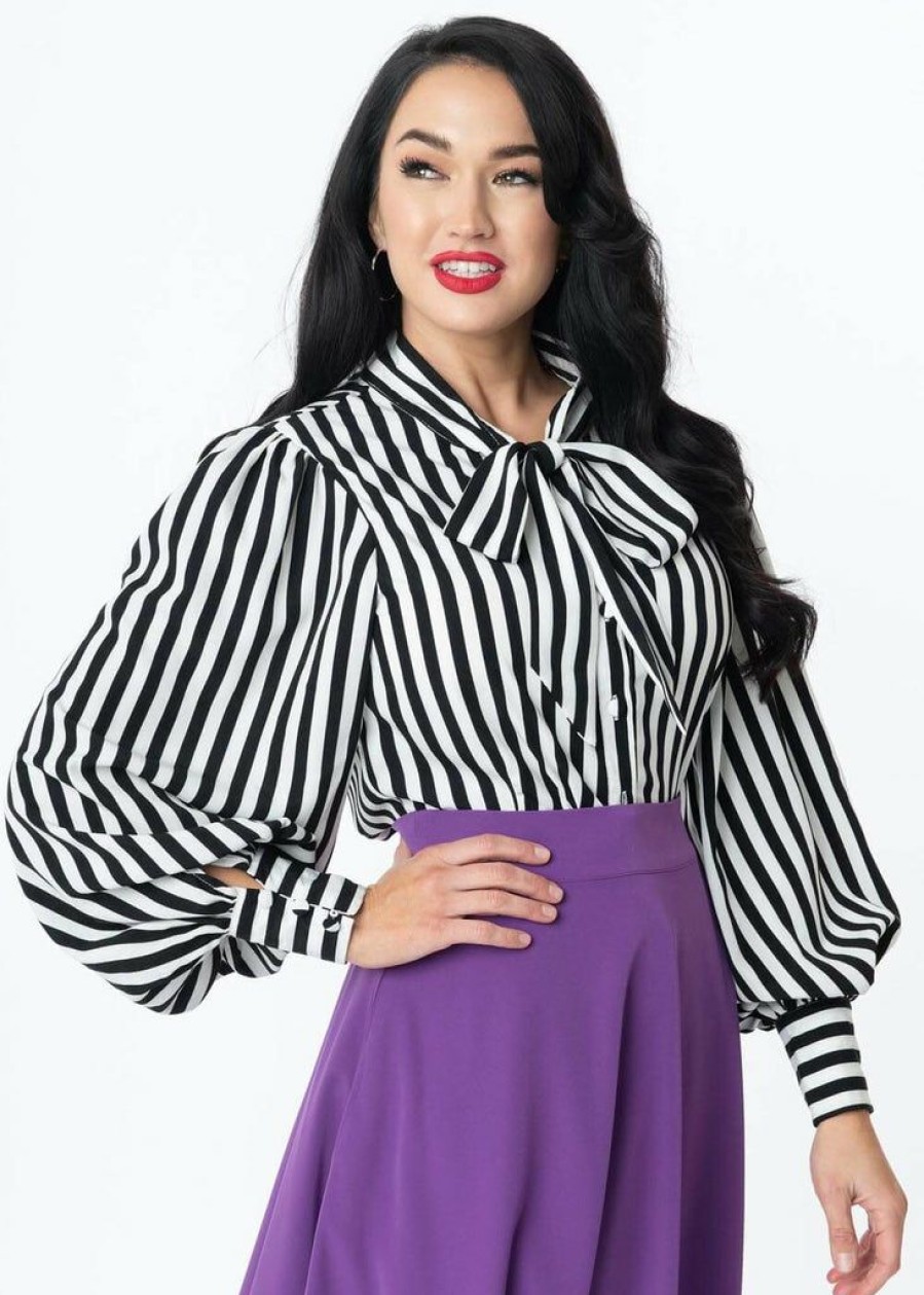 Clothing * | Unique Vintage Gwen Stripe 40'S Blouse Black White