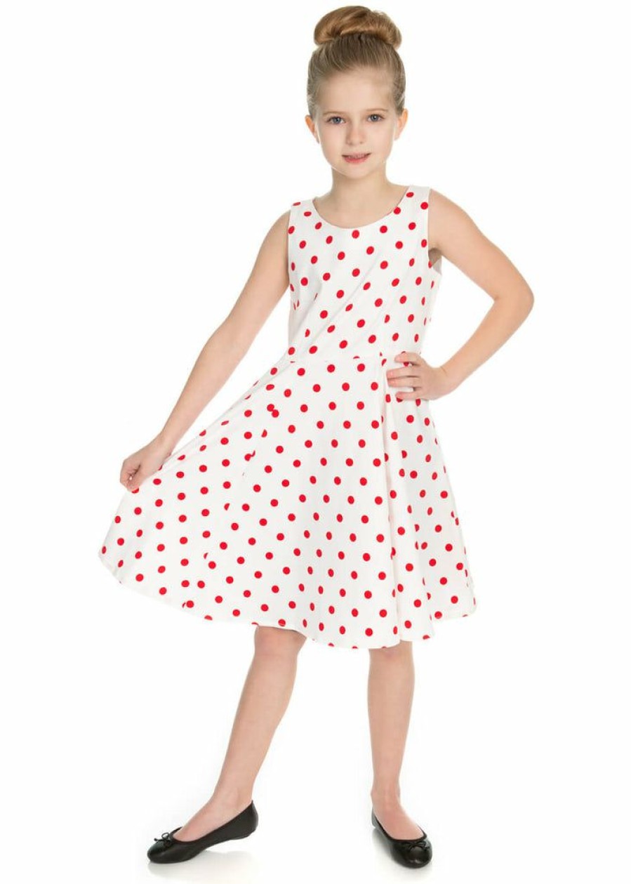 Kids-Clothing * | Hearts & Roses Kids Cindy Polkadot 50'S Swing Dress White