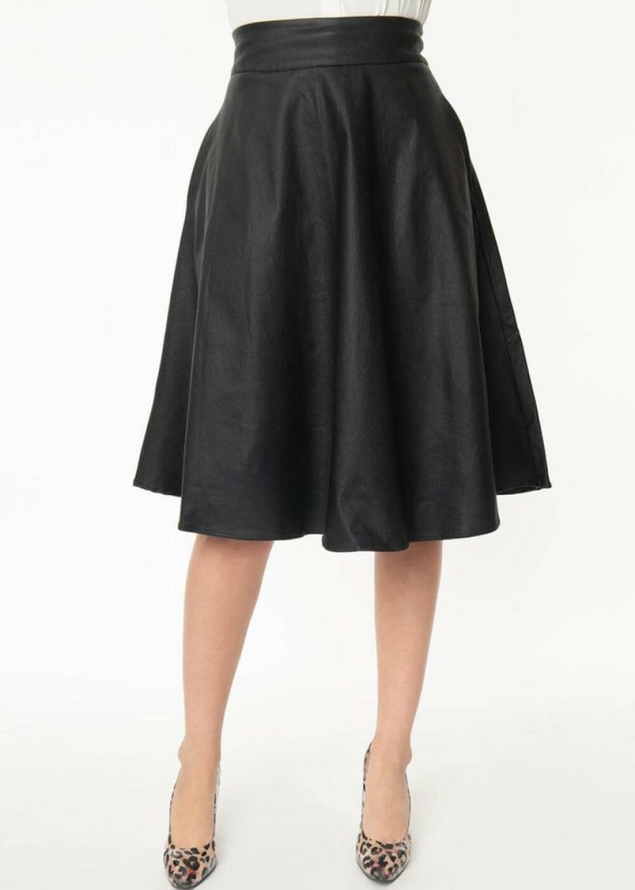 Clothing * | Unique Vintage Vivien Vegan Leather 50'S Swing Skirt Black