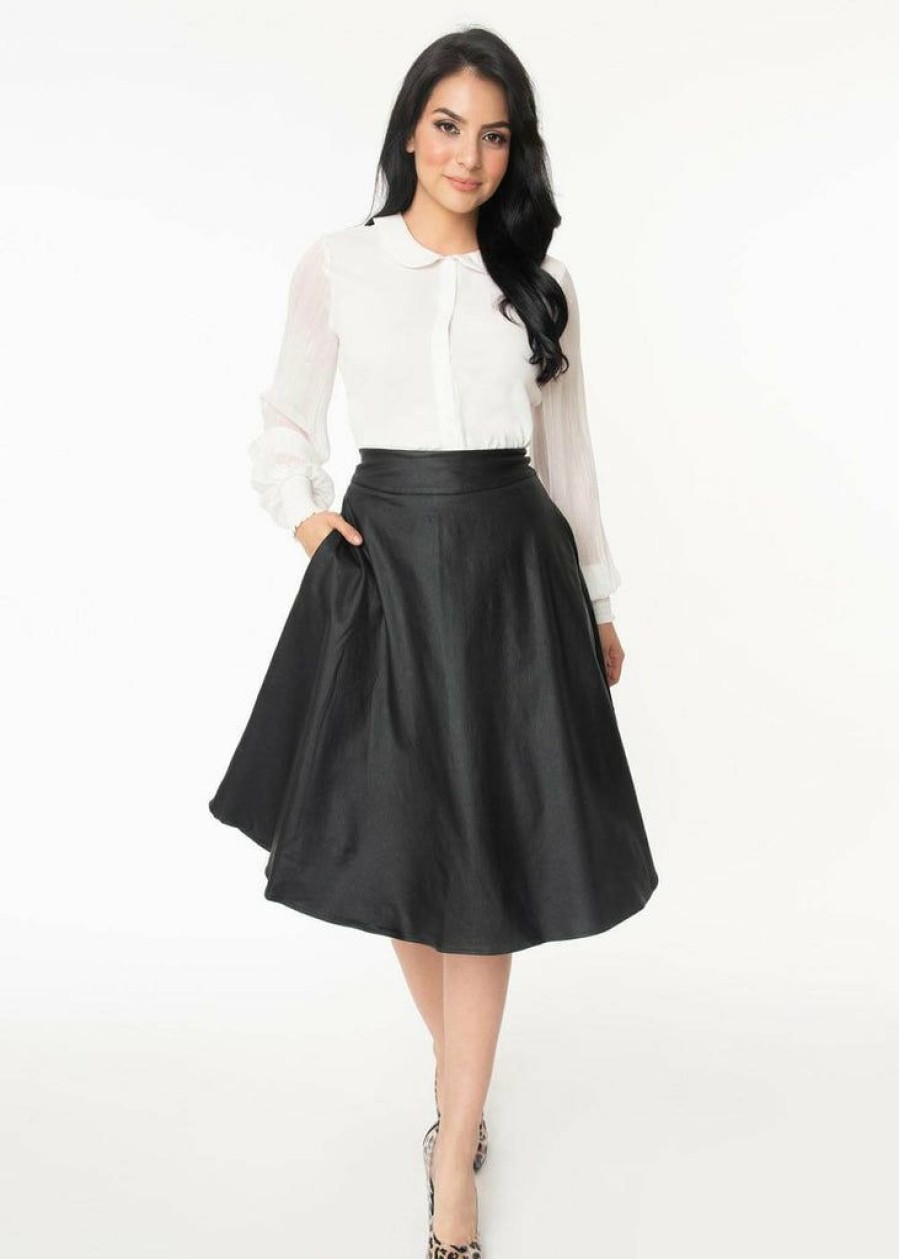 Clothing * | Unique Vintage Vivien Vegan Leather 50'S Swing Skirt Black